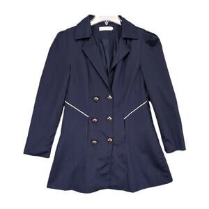 Korean Women's M Double‎ Breasted Mid-Length Satin Navy Blazer Jacket w/ Pockets